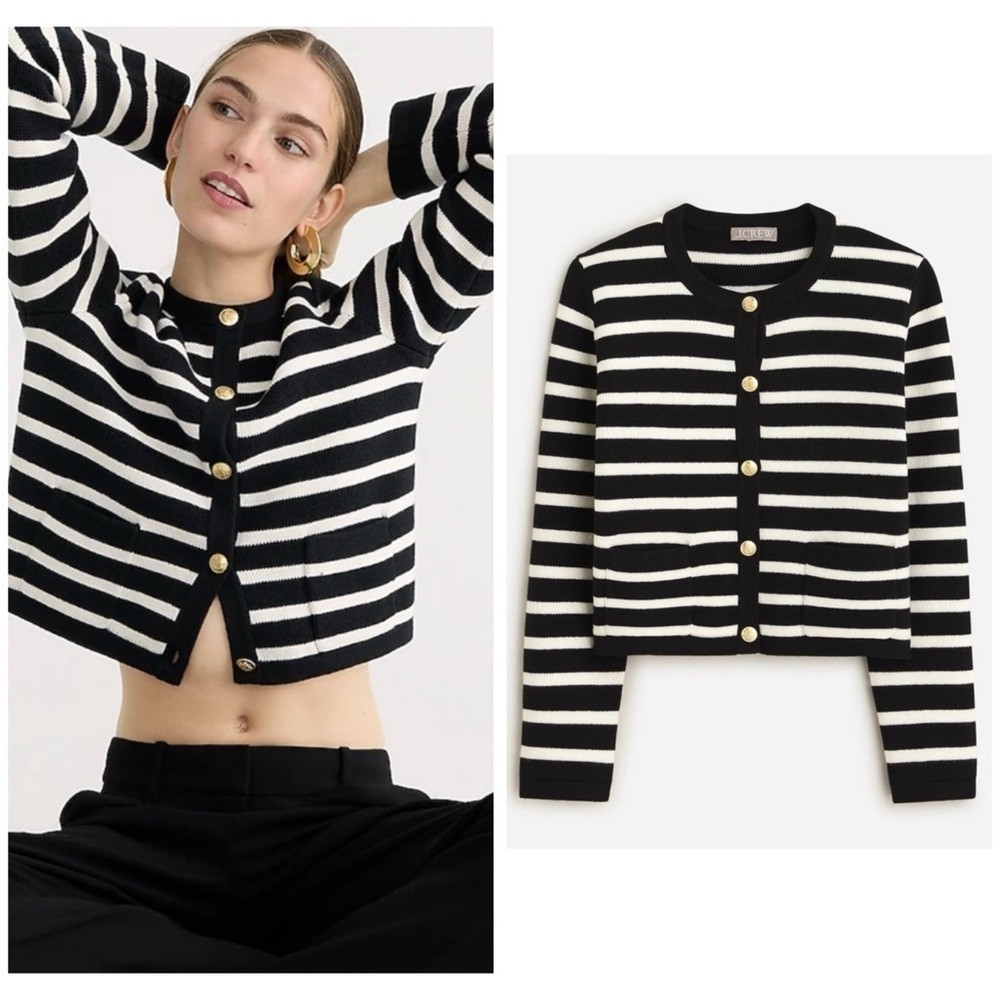 J.Crew Emilie Cardigan in Black Ivory Stripe Knit Cardigan Size Medium​​​​